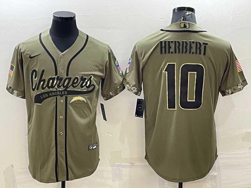 Men%27s Los Angeles Chargers #10 Justin Herbert Olive Salute to Service Cool Base Stitched Baseball Jersey